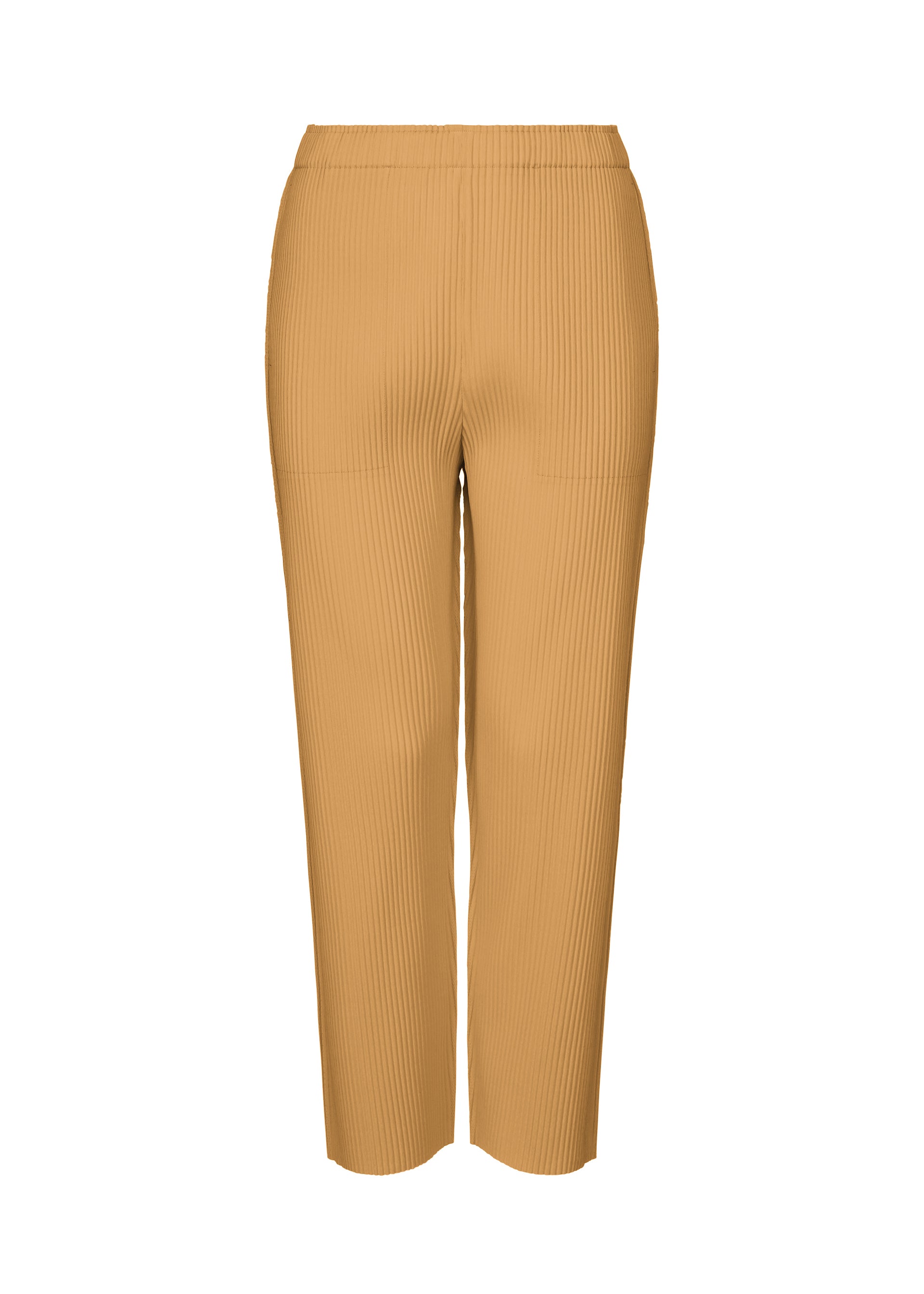 Zoomed view The FINE KNIT PLEATS COLOR 1 pants by me ISSEY MIYAKE are tan, high-waisted straight pants with ribbed texture, fine knit pleats, an elastic waistband, and lightweight fabric shown on a white background. - CAMEL （no.43）