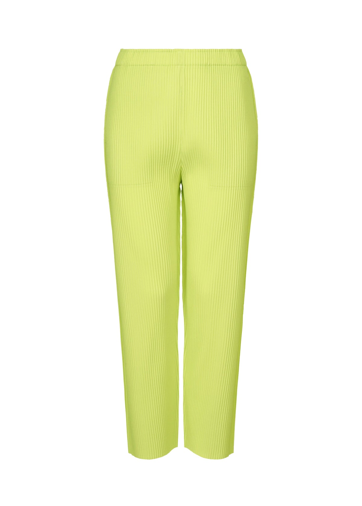 The FINE KNIT PLEATS COLOR 1 pants by me ISSEY MIYAKE are high-waisted, straight, and lightweight in light lime green, crafted from ribbed textured fabric with fine knit pleats and an elastic waistband, without visible pockets or fasteners. view 2 of 7