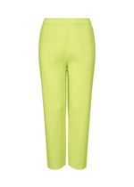 The FINE KNIT PLEATS COLOR 1 pants by me ISSEY MIYAKE are high-waisted, straight, and lightweight in light lime green, crafted from ribbed textured fabric with fine knit pleats and an elastic waistband, without visible pockets or fasteners. - LIME YELLOW （no.51）