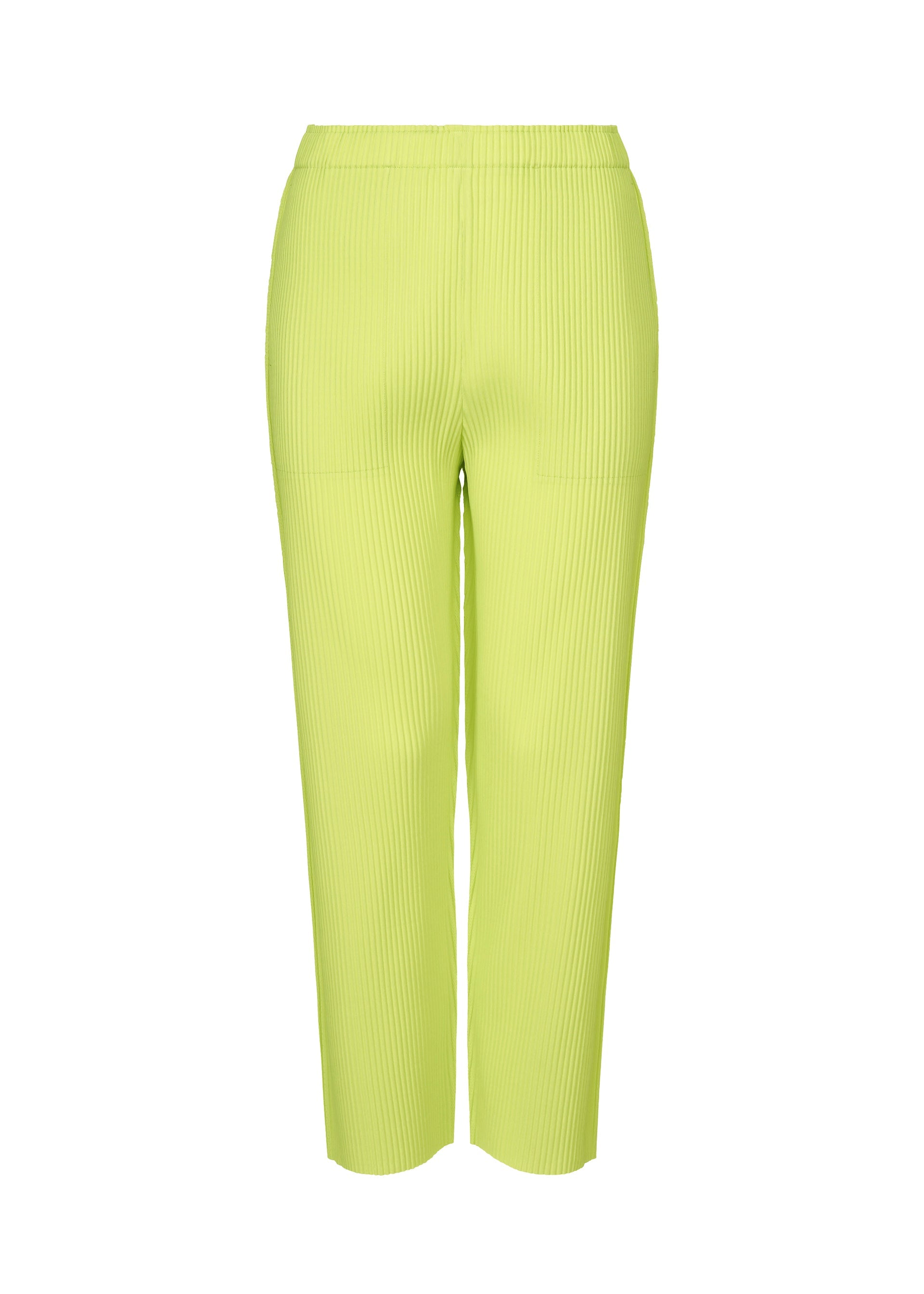 Zoomed view The FINE KNIT PLEATS COLOR 1 pants by me ISSEY MIYAKE are high-waisted, straight, and lightweight in light lime green, crafted from ribbed textured fabric with fine knit pleats and an elastic waistband, without visible pockets or fasteners. - LIME YELLOW （no.51）