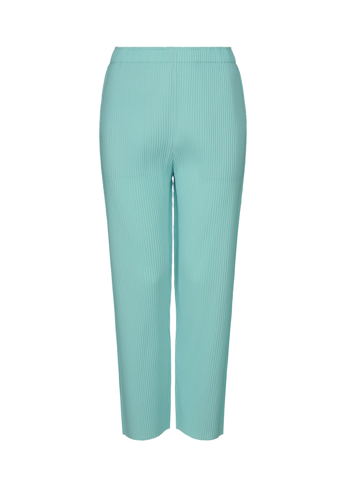 The FINE KNIT PLEATS COLOR 1 pants by me ISSEY MIYAKE are light blue, ankle-length, high-waisted straight pants featuring a ribbed texture, fine knit pleats, and an elastic waistband for comfort. Shown on a plain white background. view 3 of 7
