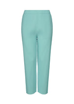 The FINE KNIT PLEATS COLOR 1 pants by me ISSEY MIYAKE are light blue, ankle-length, high-waisted straight pants featuring a ribbed texture, fine knit pleats, and an elastic waistband for comfort. Shown on a plain white background. - SKY BLUE （no.70）
