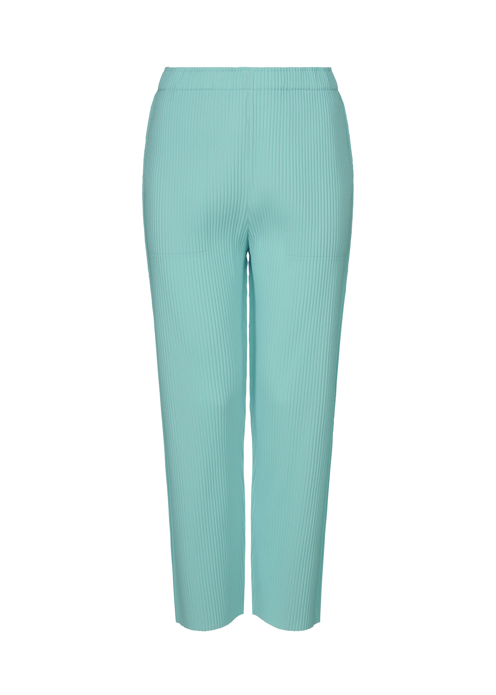 Zoomed view The FINE KNIT PLEATS COLOR 1 pants by me ISSEY MIYAKE are light blue, ankle-length, high-waisted straight pants featuring a ribbed texture, fine knit pleats, and an elastic waistband for comfort. Shown on a plain white background. - SKY BLUE （no.70）