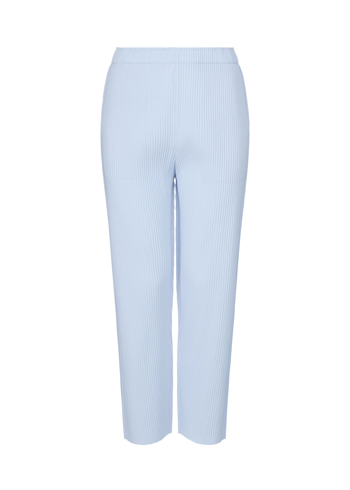 FINE KNIT PLEATS COLOR 1 by me ISSEY MIYAKE: light blue, high-waisted straight pants featuring a ribbed texture and fine knit pleats, displayed against a white background. view 4 of 7