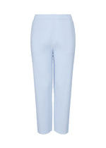 FINE KNIT PLEATS COLOR 1 by me ISSEY MIYAKE: light blue, high-waisted straight pants featuring a ribbed texture and fine knit pleats, displayed against a white background. - FOGGY BLUE （no.71）