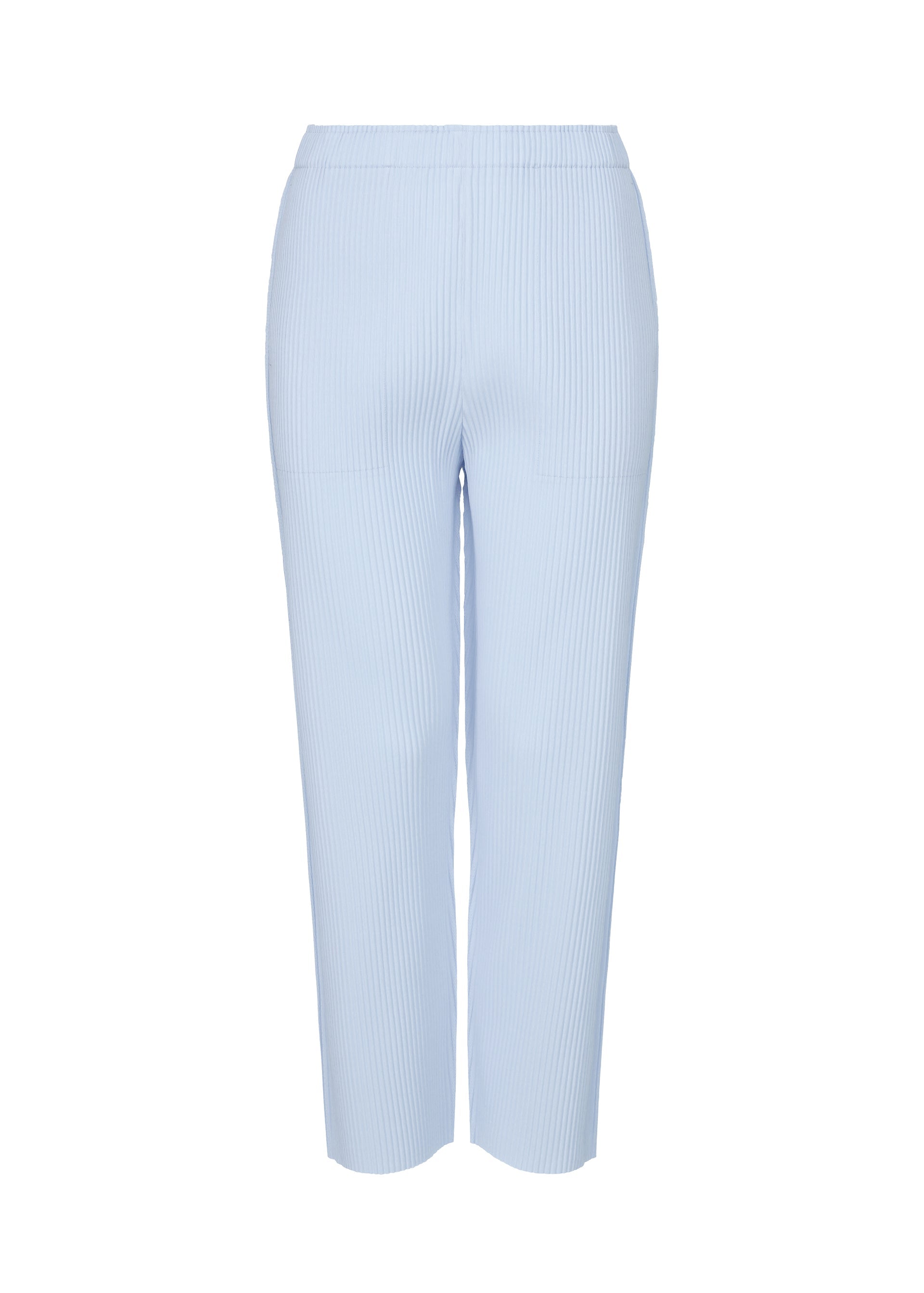 Zoomed view FINE KNIT PLEATS COLOR 1 by me ISSEY MIYAKE: light blue, high-waisted straight pants featuring a ribbed texture and fine knit pleats, displayed against a white background. - FOGGY BLUE （no.71）