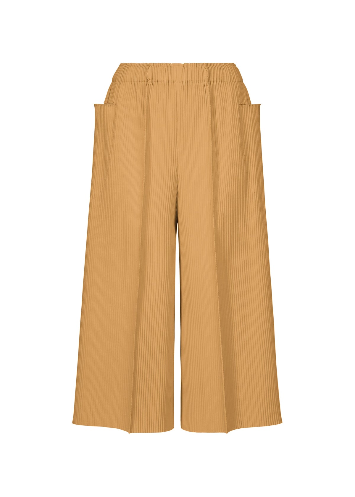 The FINE KNIT PLEATS COLOR 1 pants by me ISSEY MIYAKE are light brown, wide-leg, high-waisted pleated pants with an elastic waistband and side pockets, shown against a white background. view 1 of 7