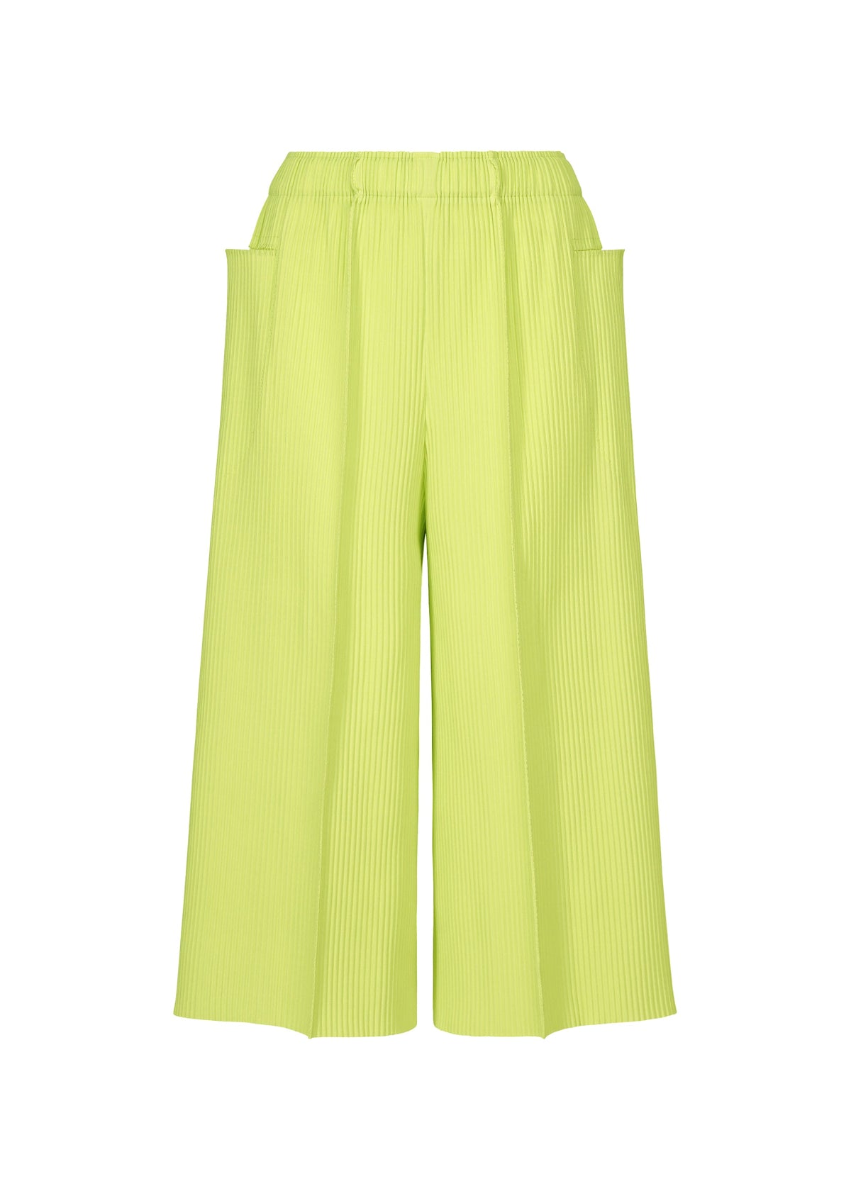 FINE KNIT PLEATS COLOR 1 by me ISSEY MIYAKE: Wide-leg cropped pants in vibrant lime green with fine knit pleats, elastic waistband, and large side pockets. Lightweight for effortless style, shown on a white background. view 2 of 7