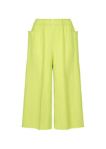 FINE KNIT PLEATS COLOR 1 by me ISSEY MIYAKE: Wide-leg cropped pants in vibrant lime green with fine knit pleats, elastic waistband, and large side pockets. Lightweight for effortless style, shown on a white background. - LIME YELLOW （no.51）