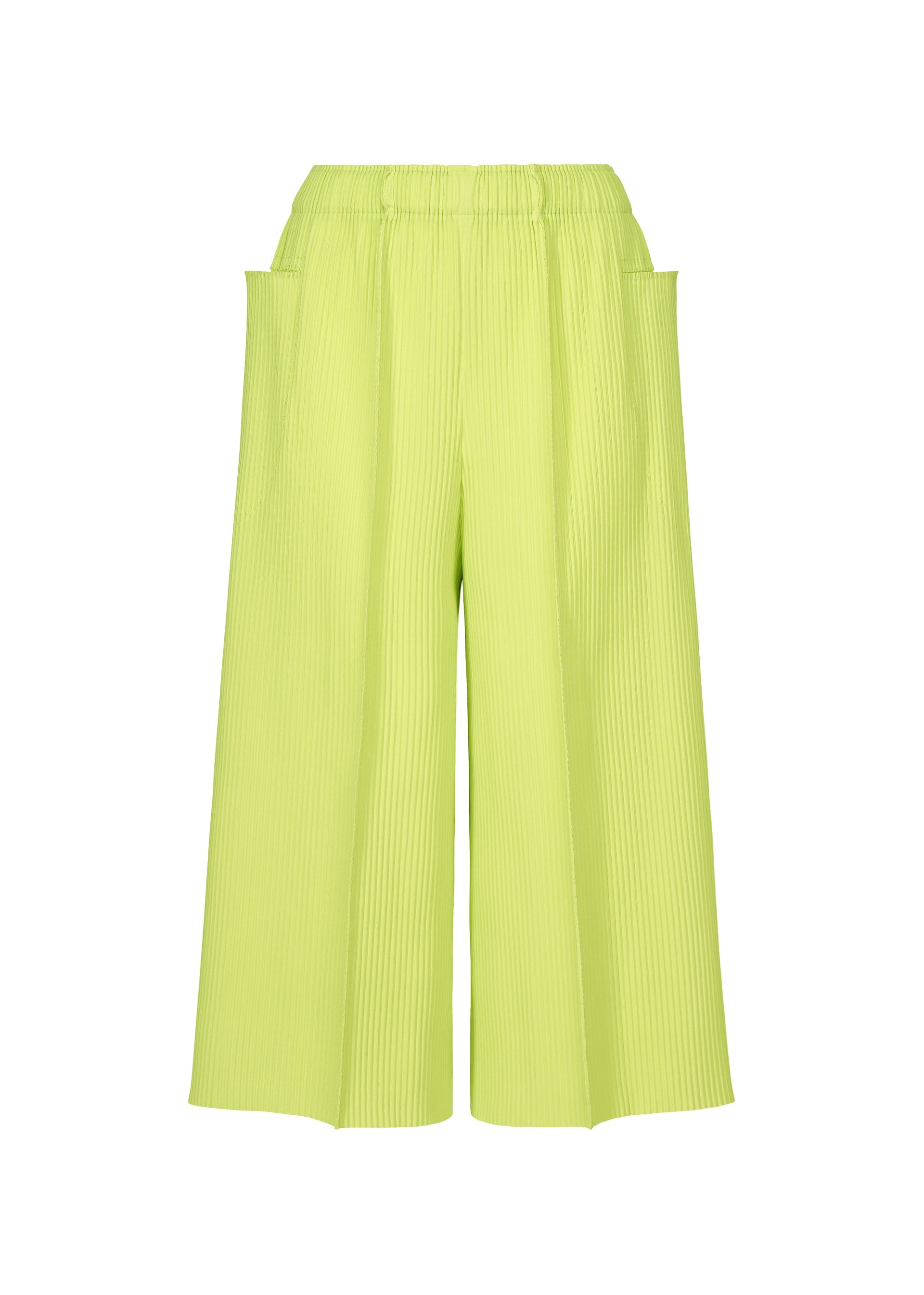 Zoomed view FINE KNIT PLEATS COLOR 1 by me ISSEY MIYAKE: Wide-leg cropped pants in vibrant lime green with fine knit pleats, elastic waistband, and large side pockets. Lightweight for effortless style, shown on a white background. - LIME YELLOW （no.51）