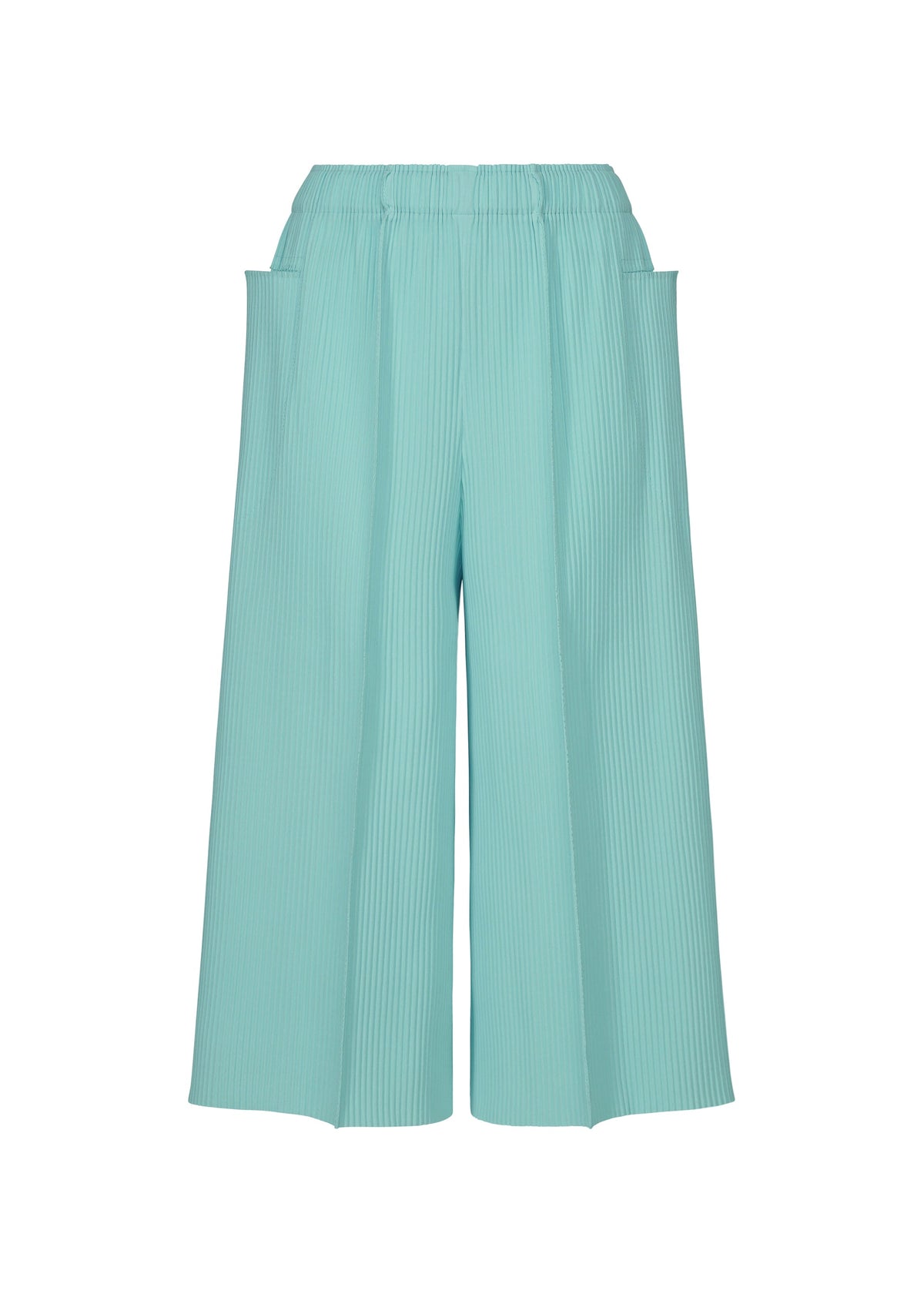 The FINE KNIT PLEATS COLOR 1 pants by me ISSEY MIYAKE are wide-leg, teal, and pleated, with an elastic waistband and two large side pockets. Shown on a white background, they're lightweight and comfortable for all-day wear. view 3 of 7
