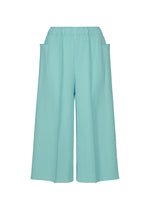 The FINE KNIT PLEATS COLOR 1 pants by me ISSEY MIYAKE are wide-leg, teal, and pleated, with an elastic waistband and two large side pockets. Shown on a white background, they're lightweight and comfortable for all-day wear. - SKY BLUE （no.70）