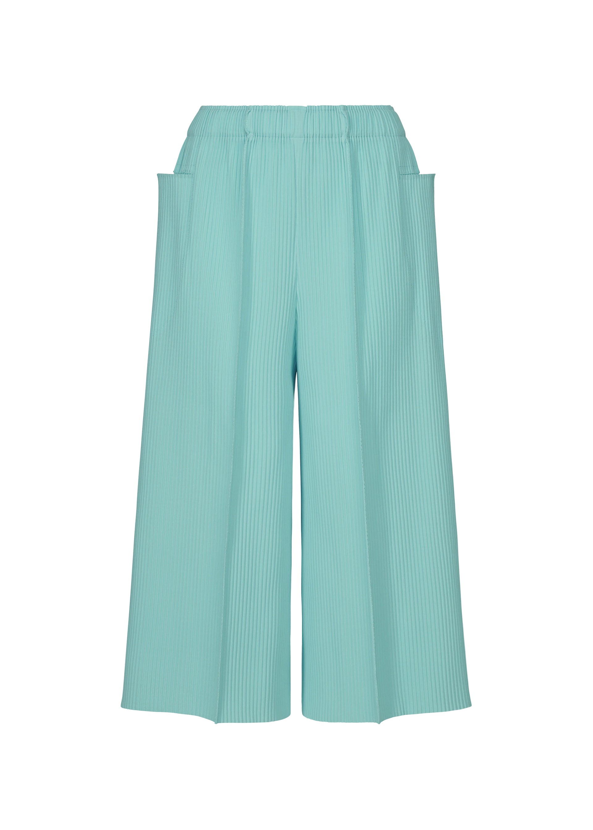 Zoomed view The FINE KNIT PLEATS COLOR 1 pants by me ISSEY MIYAKE are wide-leg, teal, and pleated, with an elastic waistband and two large side pockets. Shown on a white background, they're lightweight and comfortable for all-day wear. - SKY BLUE （no.70）