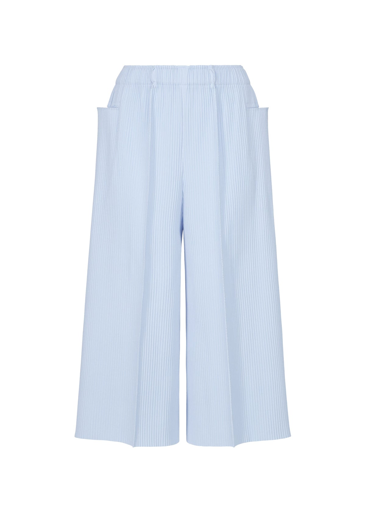 The FINE KNIT PLEATS COLOR 1 pants by me ISSEY MIYAKE are light blue, wide-leg, and lightweight with vertical pinstripes, an elastic waistband, large front patch pockets, and fine knit pleats. Shown against a white background. view 4 of 7