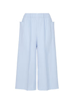 The FINE KNIT PLEATS COLOR 1 pants by me ISSEY MIYAKE are light blue, wide-leg, and lightweight with vertical pinstripes, an elastic waistband, large front patch pockets, and fine knit pleats. Shown against a white background. - FOGGY BLUE （no.71）