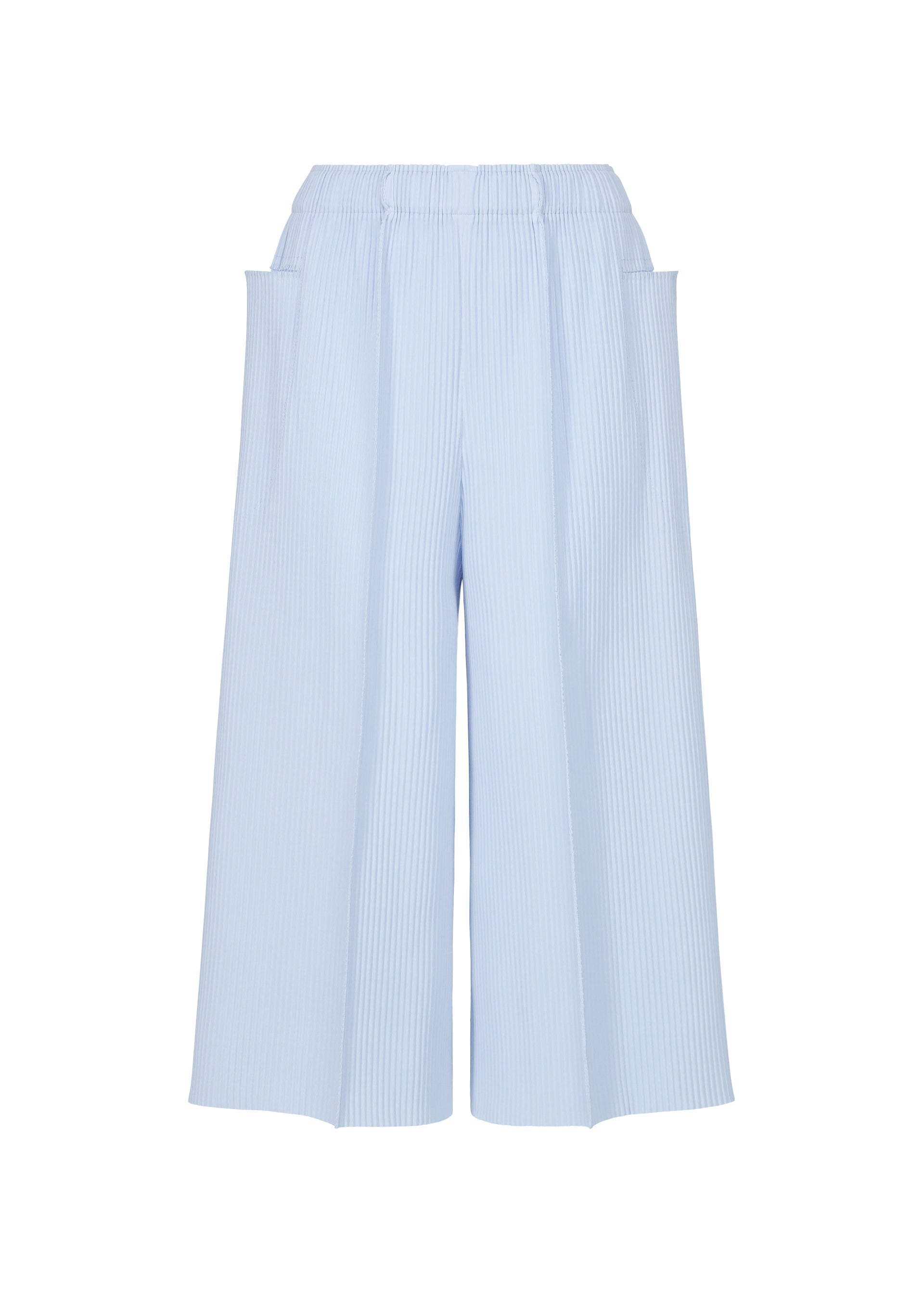 Zoomed view The FINE KNIT PLEATS COLOR 1 pants by me ISSEY MIYAKE are light blue, wide-leg, and lightweight with vertical pinstripes, an elastic waistband, large front patch pockets, and fine knit pleats. Shown against a white background. - FOGGY BLUE （no.71）