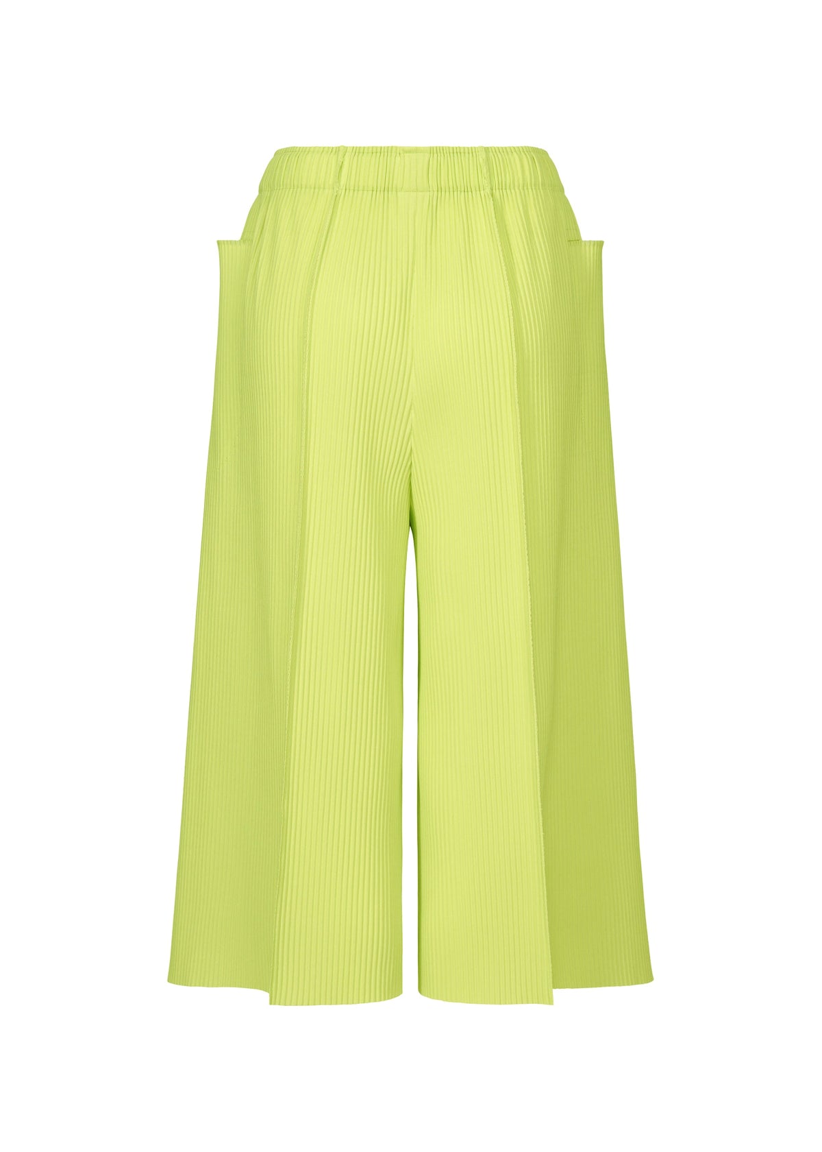 The FINE KNIT PLEATS COLOR 1 by me ISSEY MIYAKE are bright yellow-green lightweight culotte pants with fine knit pleats, an elastic waistband, and wide legs, shown against a white background. view 5 of 7