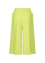 The FINE KNIT PLEATS COLOR 1 by me ISSEY MIYAKE are bright yellow-green lightweight culotte pants with fine knit pleats, an elastic waistband, and wide legs, shown against a white background.
