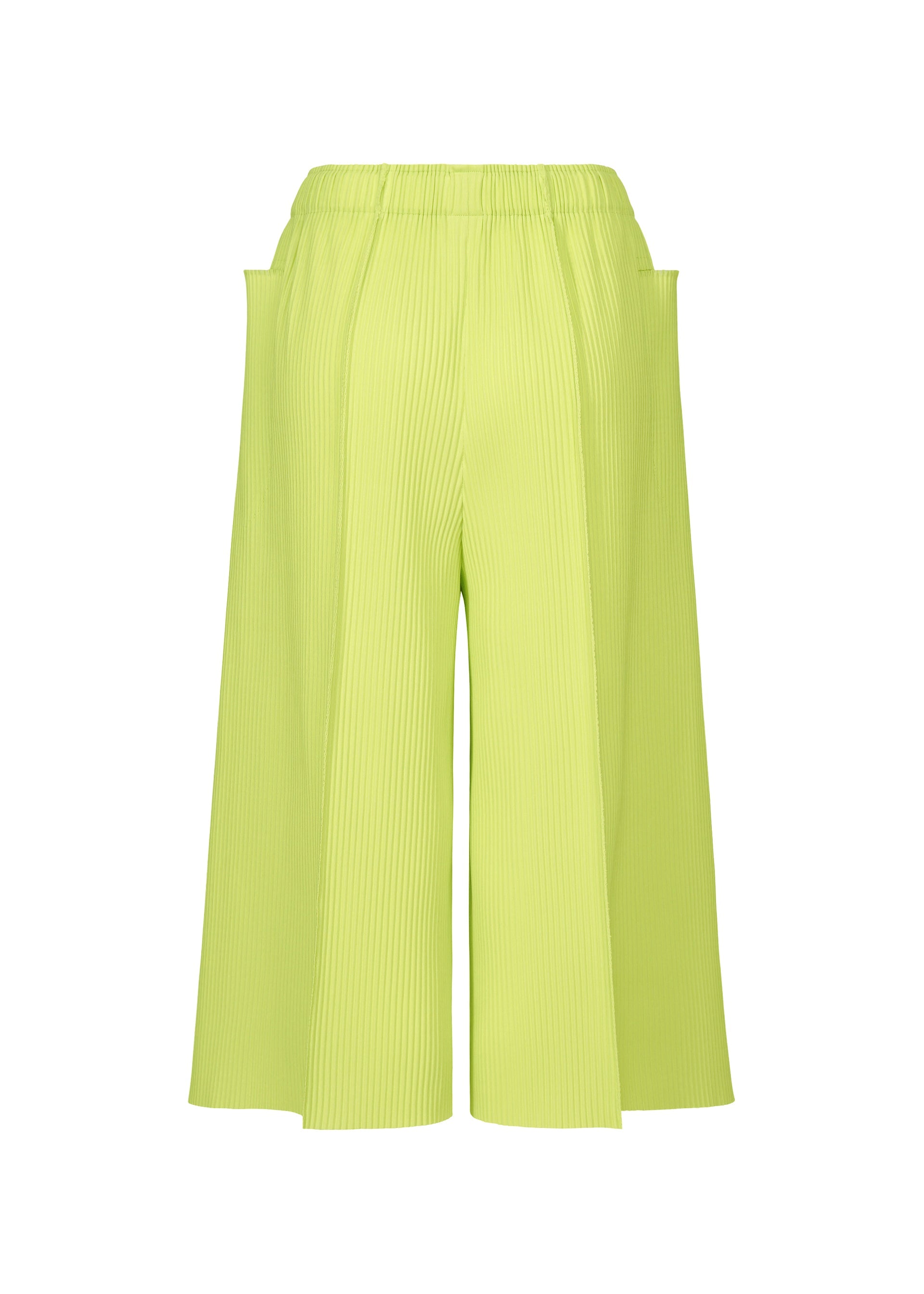 Zoomed view The FINE KNIT PLEATS COLOR 1 by me ISSEY MIYAKE are bright yellow-green lightweight culotte pants with fine knit pleats, an elastic waistband, and wide legs, shown against a white background.