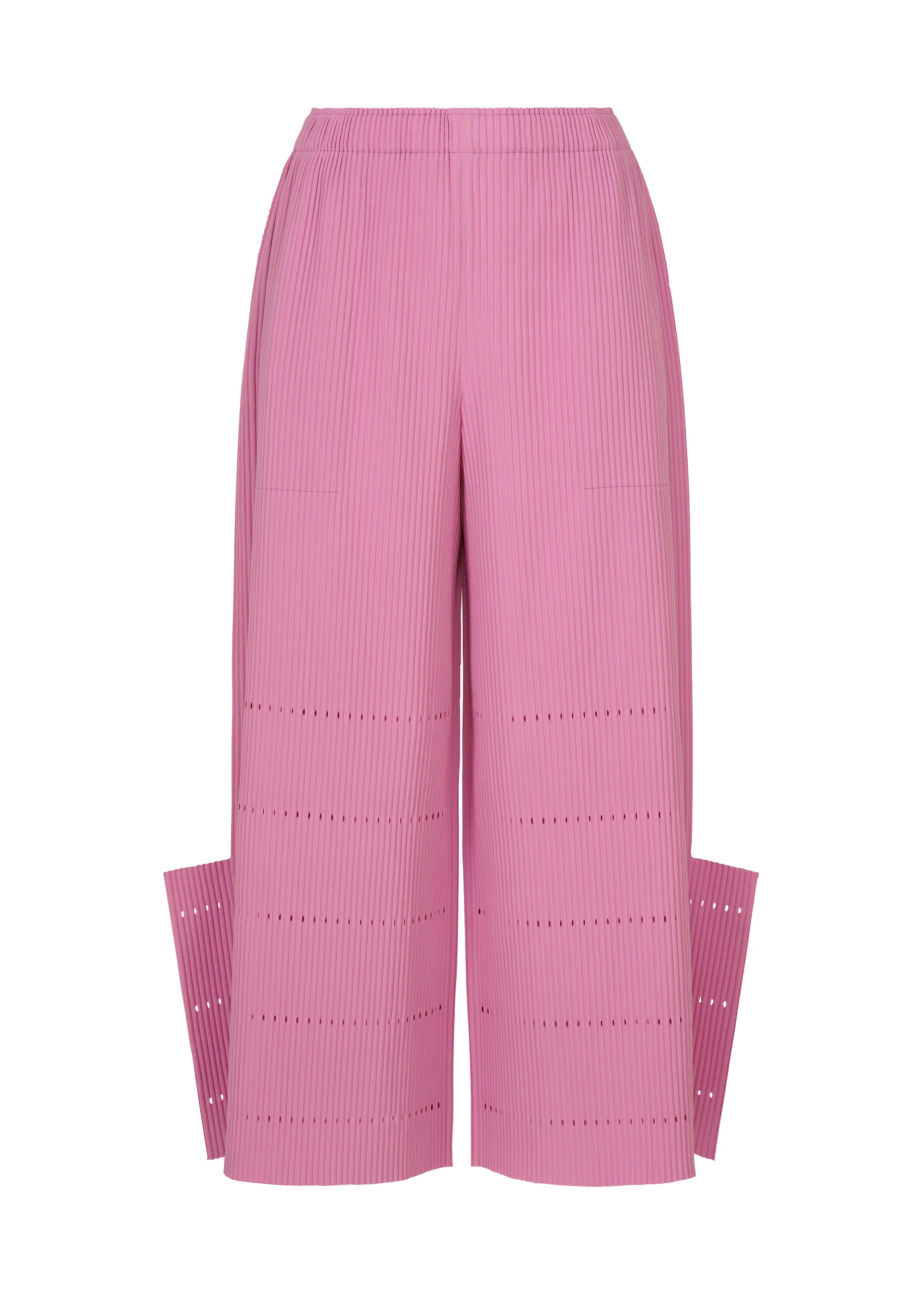 Zoomed view FINE KNIT PLEATS BOTTOM 1 by me ISSEY MIYAKE: Pink wide-leg knit pants featuring fine knit pleats, horizontal cut-out details, and two flared side panels near the hem. - ROSE PINK （no.20）