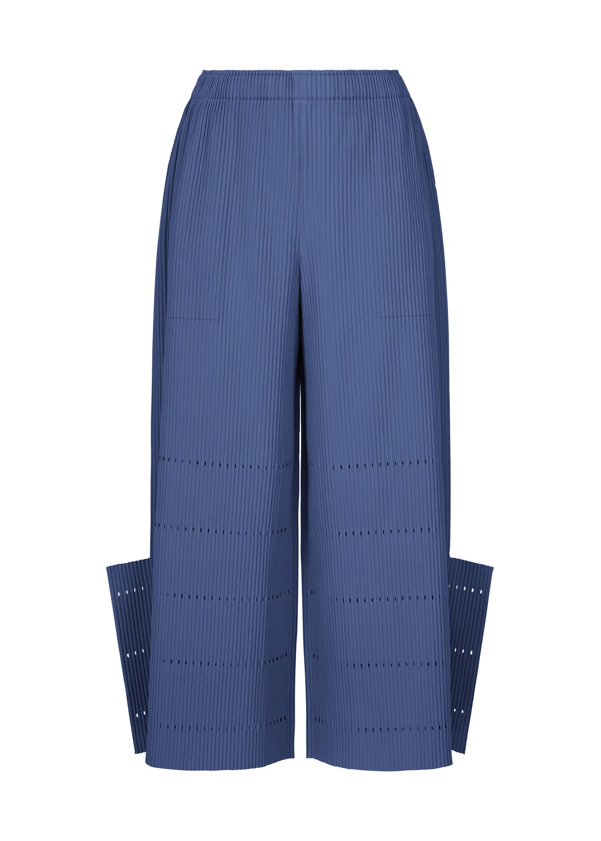 Introducing the FINE KNIT PLEATS BOTTOM 1 by me ISSEY MIYAKE: high-waisted, wide-leg blue pants crafted with vertical fine knit pleats and accented by horizontal cut-out details. These knit pants showcase distinctive side panel extensions at the hem, offering a unique silhouette with no visible branding or extra embellishments. view 2 of 7