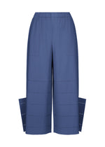 Introducing the FINE KNIT PLEATS BOTTOM 1 by me ISSEY MIYAKE: high-waisted, wide-leg blue pants crafted with vertical fine knit pleats and accented by horizontal cut-out details. These knit pants showcase distinctive side panel extensions at the hem, offering a unique silhouette with no visible branding or extra embellishments. - BLUE （no.72）
