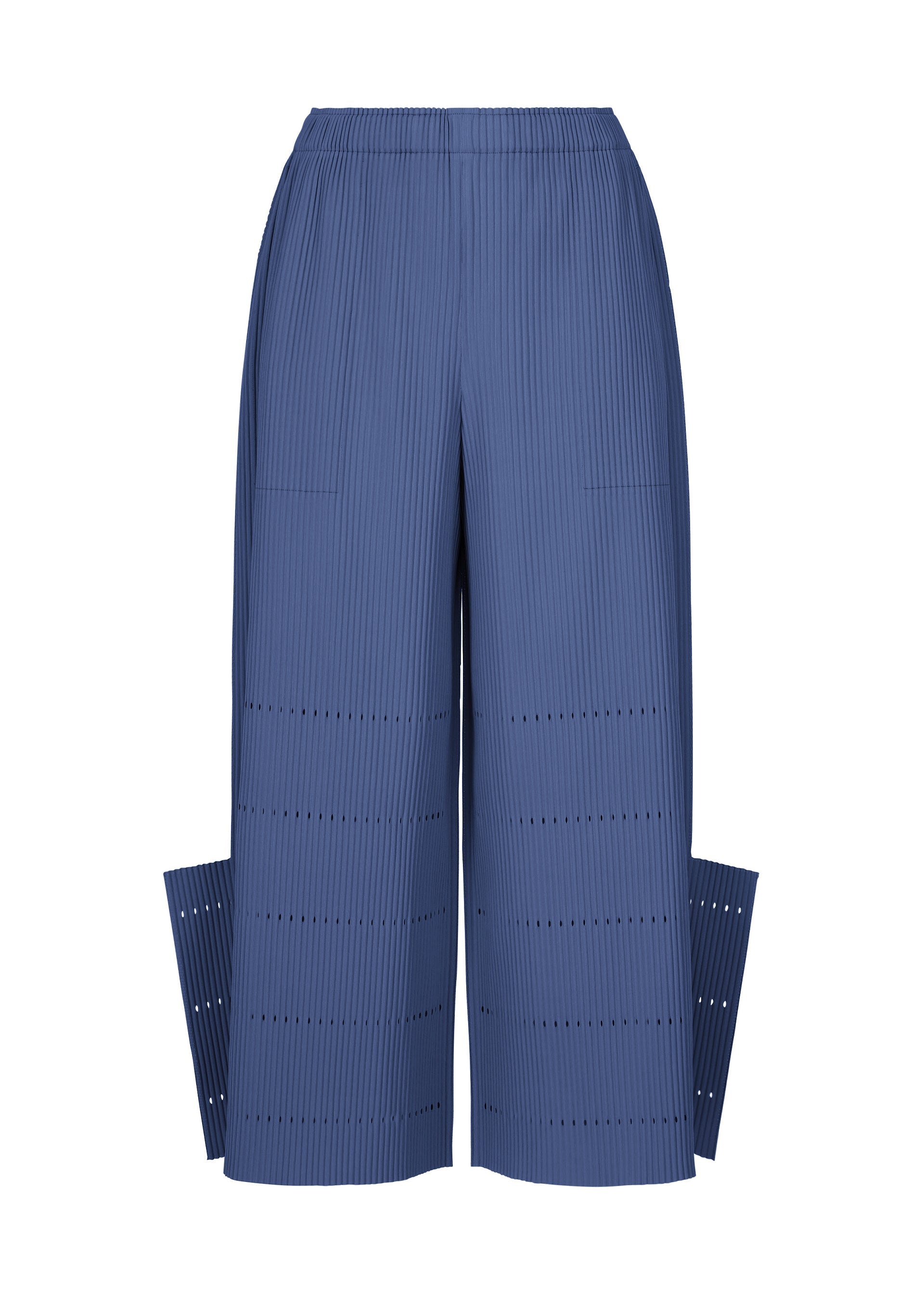 Zoomed view Introducing the FINE KNIT PLEATS BOTTOM 1 by me ISSEY MIYAKE: high-waisted, wide-leg blue pants crafted with vertical fine knit pleats and accented by horizontal cut-out details. These knit pants showcase distinctive side panel extensions at the hem, offering a unique silhouette with no visible branding or extra embellishments. - BLUE （no.72）