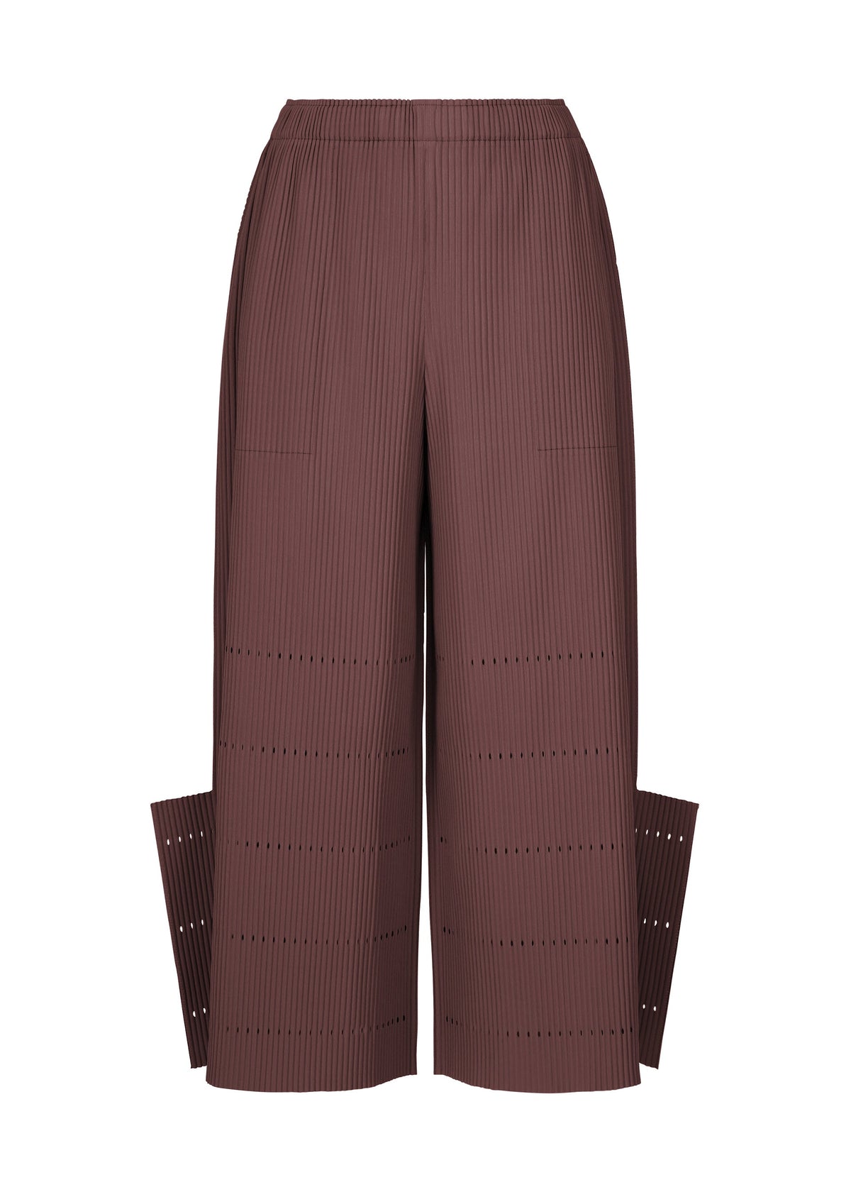 Introducing the FINE KNIT PLEATS BOTTOM 1 from me ISSEY MIYAKE: brown wide-leg pants crafted with fine knit pleats, detailed vertical and horizontal ribbing, an elastic waistband, and distinctive side slit panels extending from the lower legs. view 3 of 7