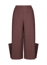 Introducing the FINE KNIT PLEATS BOTTOM 1 from me ISSEY MIYAKE: brown wide-leg pants crafted with fine knit pleats, detailed vertical and horizontal ribbing, an elastic waistband, and distinctive side slit panels extending from the lower legs. - BORDEAUX （no.84）