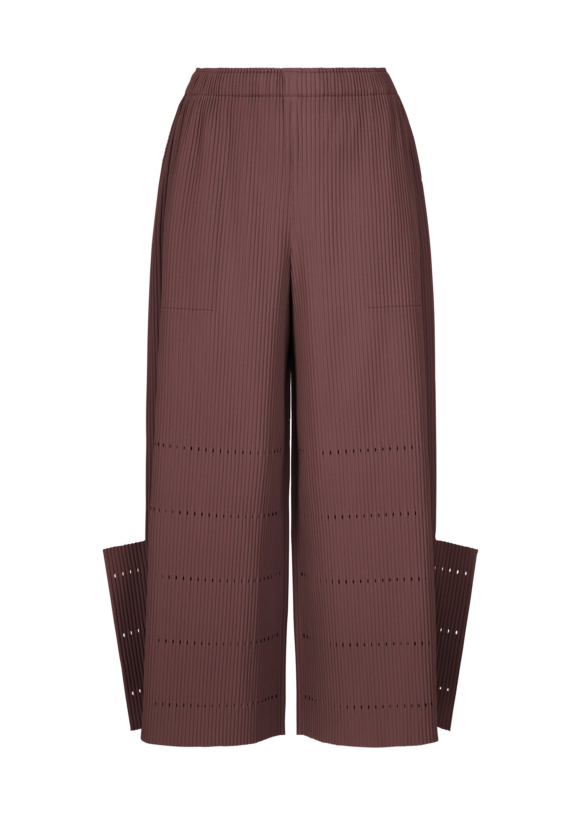 Zoomed view Introducing the FINE KNIT PLEATS BOTTOM 1 from me ISSEY MIYAKE: brown wide-leg pants crafted with fine knit pleats, detailed vertical and horizontal ribbing, an elastic waistband, and distinctive side slit panels extending from the lower legs. - BORDEAUX （no.84）
