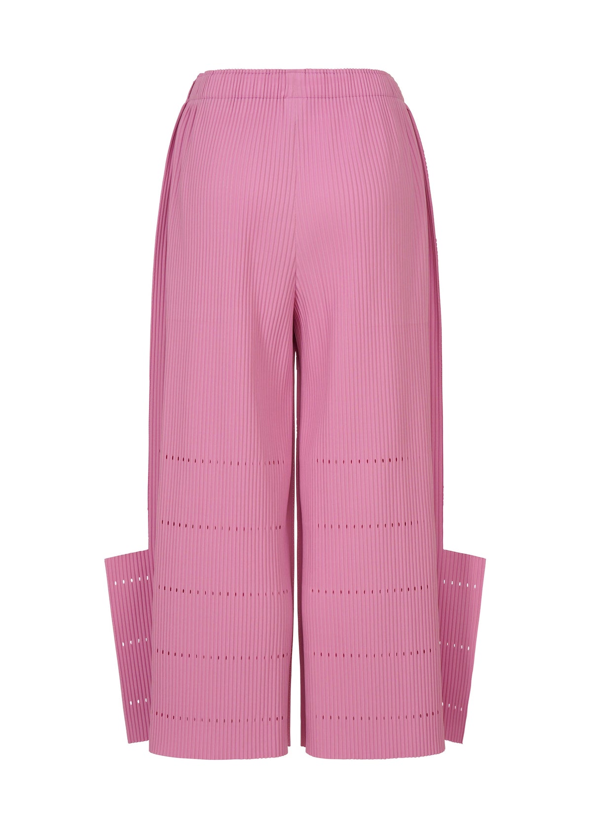 The image displays the back view of the me ISSEY MIYAKE FINE KNIT PLEATS BOTTOM 1: a pink pair of high-waisted pants featuring wide legs, rectangular side panels that extend from the hem, and soft fine-knit pleats for an overall textured look. The fabric is detailed with horizontal laser-cut accents. view 4 of 7