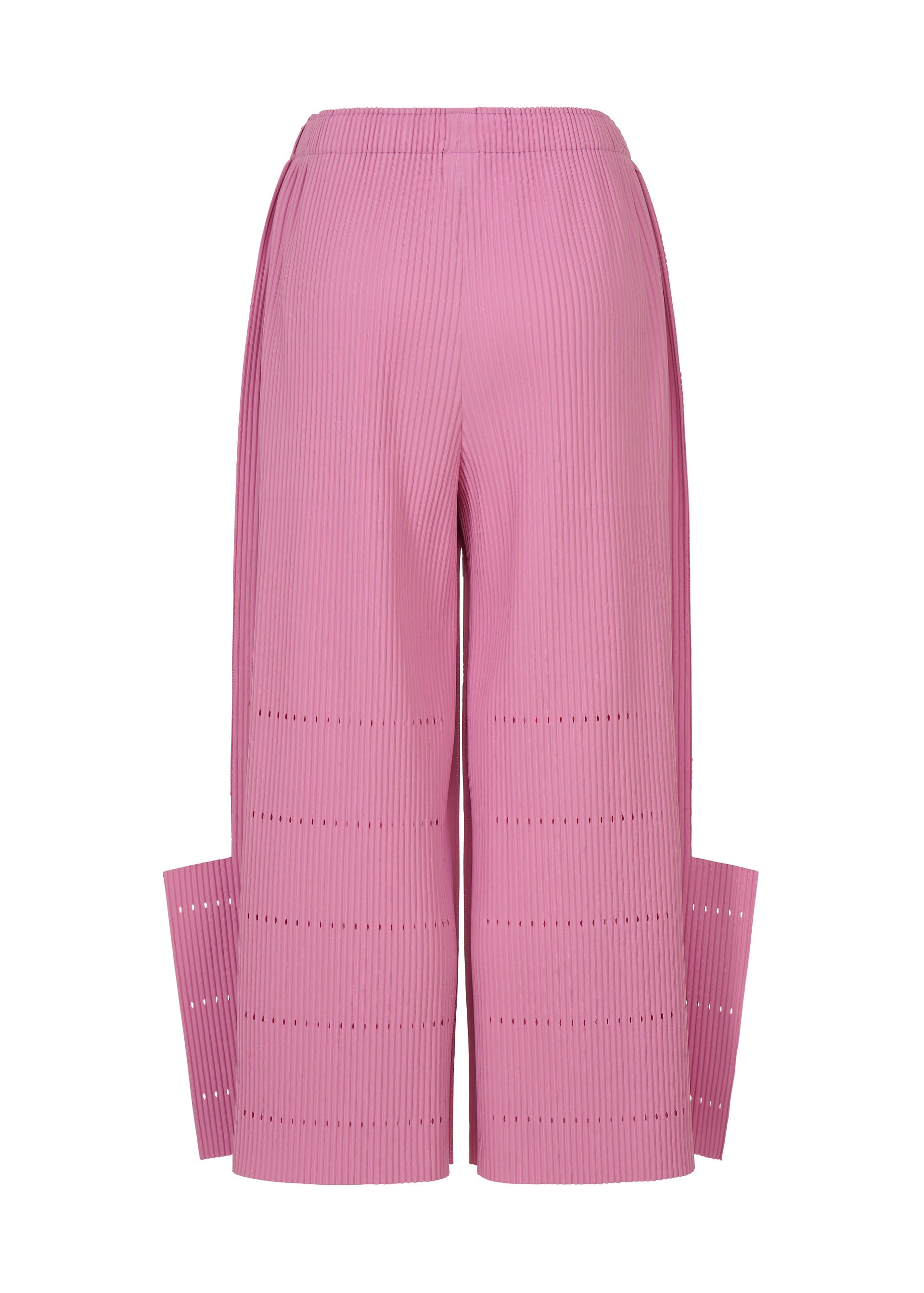 Zoomed view The image displays the back view of the me ISSEY MIYAKE FINE KNIT PLEATS BOTTOM 1: a pink pair of high-waisted pants featuring wide legs, rectangular side panels that extend from the hem, and soft fine-knit pleats for an overall textured look. The fabric is detailed with horizontal laser-cut accents.