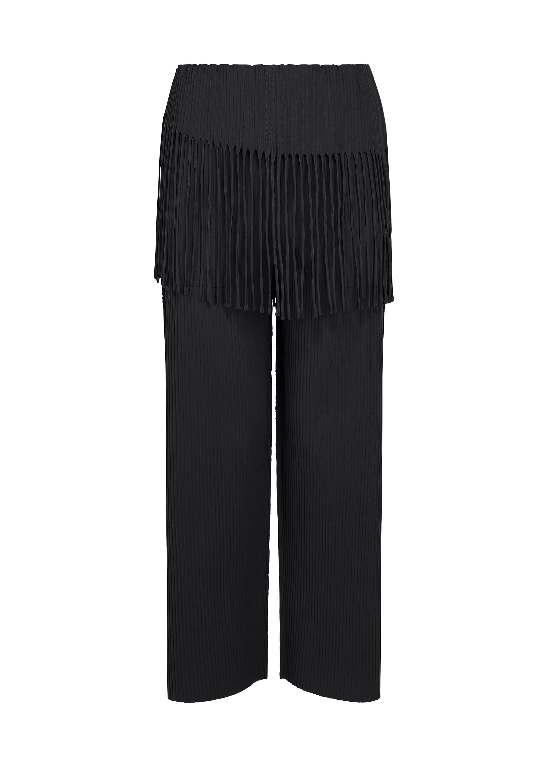 Zoomed view LEAF PLEATS wide-leg black fine knit pants by me ISSEY MIYAKE, featuring a skirt-like pleated overlay around the waist and upper thigh, displayed against a white background. - BLACK （no.15）