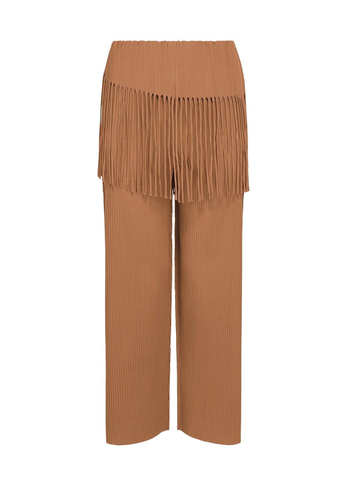 Discover the LEAF PLEATS pants by me ISSEY MIYAKE: tan wide-leg knit pants featuring an upper layer of pleated fringe that gives a skirt-like effect atop the fine knit pleats. view 2 of 6