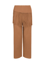 Discover the LEAF PLEATS pants by me ISSEY MIYAKE: tan wide-leg knit pants featuring an upper layer of pleated fringe that gives a skirt-like effect atop the fine knit pleats. - BROWN （no.44）