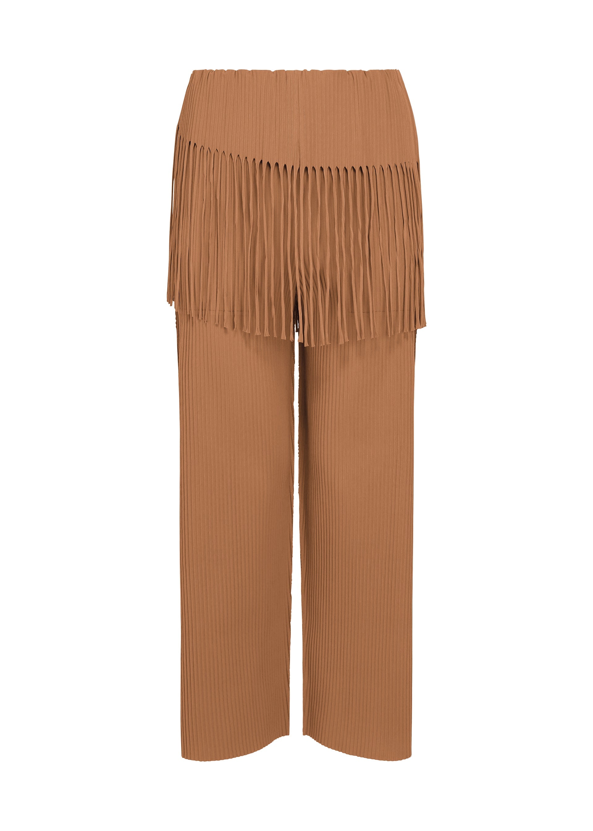 Zoomed view Discover the LEAF PLEATS pants by me ISSEY MIYAKE: tan wide-leg knit pants featuring an upper layer of pleated fringe that gives a skirt-like effect atop the fine knit pleats. - BROWN （no.44）