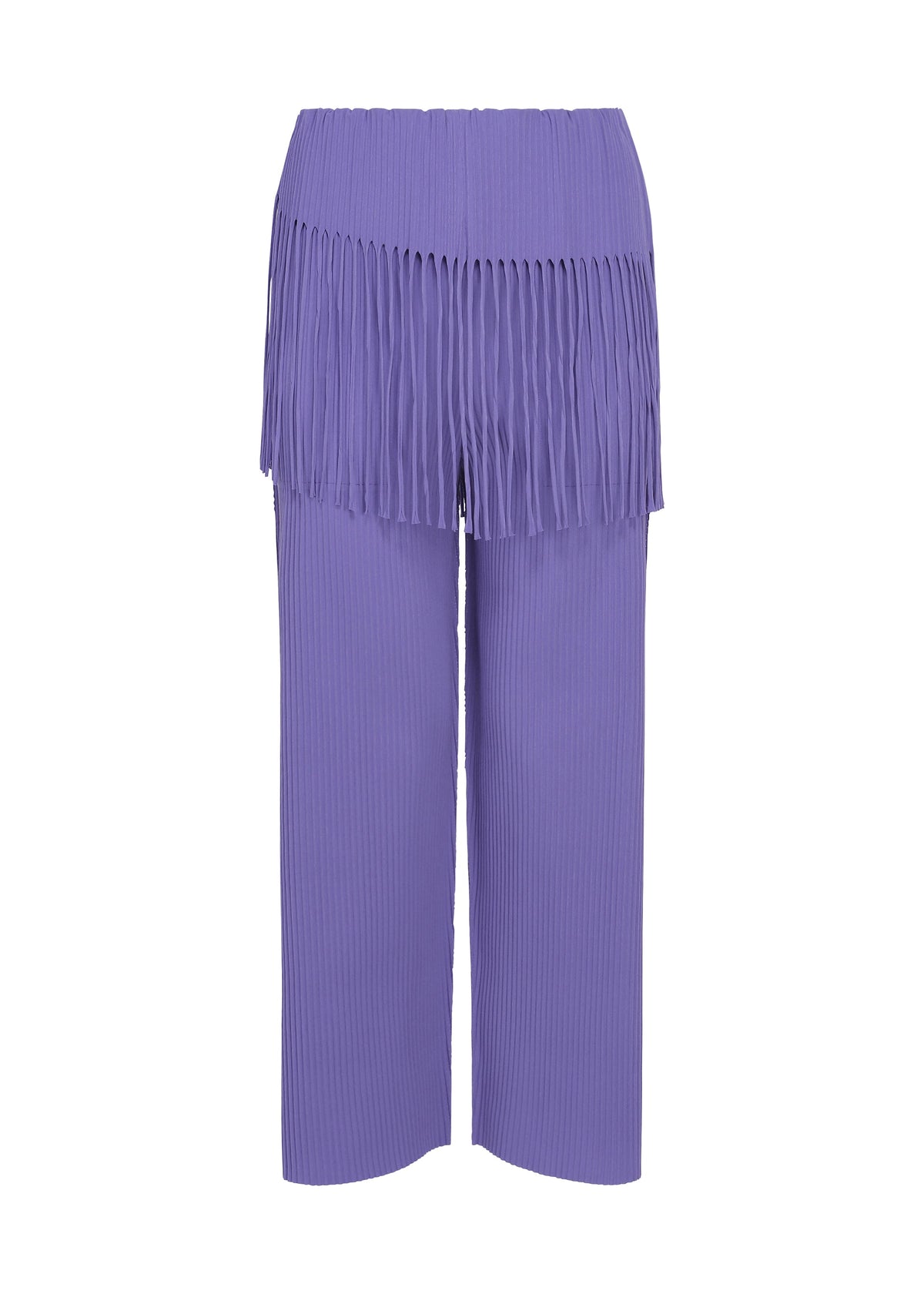 LEAF PLEATS by me ISSEY MIYAKE are lavender wide-leg pants crafted from finely ribbed knit fabric, featuring pleats and a distinctive fringe detail around the hips for an effortlessly chic look. These lightweight pants feel soft against the skin and are photographed against a plain white background. view 3 of 6