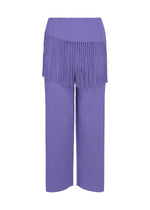 LEAF PLEATS by me ISSEY MIYAKE are lavender wide-leg pants crafted from finely ribbed knit fabric, featuring pleats and a distinctive fringe detail around the hips for an effortlessly chic look. These lightweight pants feel soft against the skin and are photographed against a plain white background. - PURPLE （no.81）