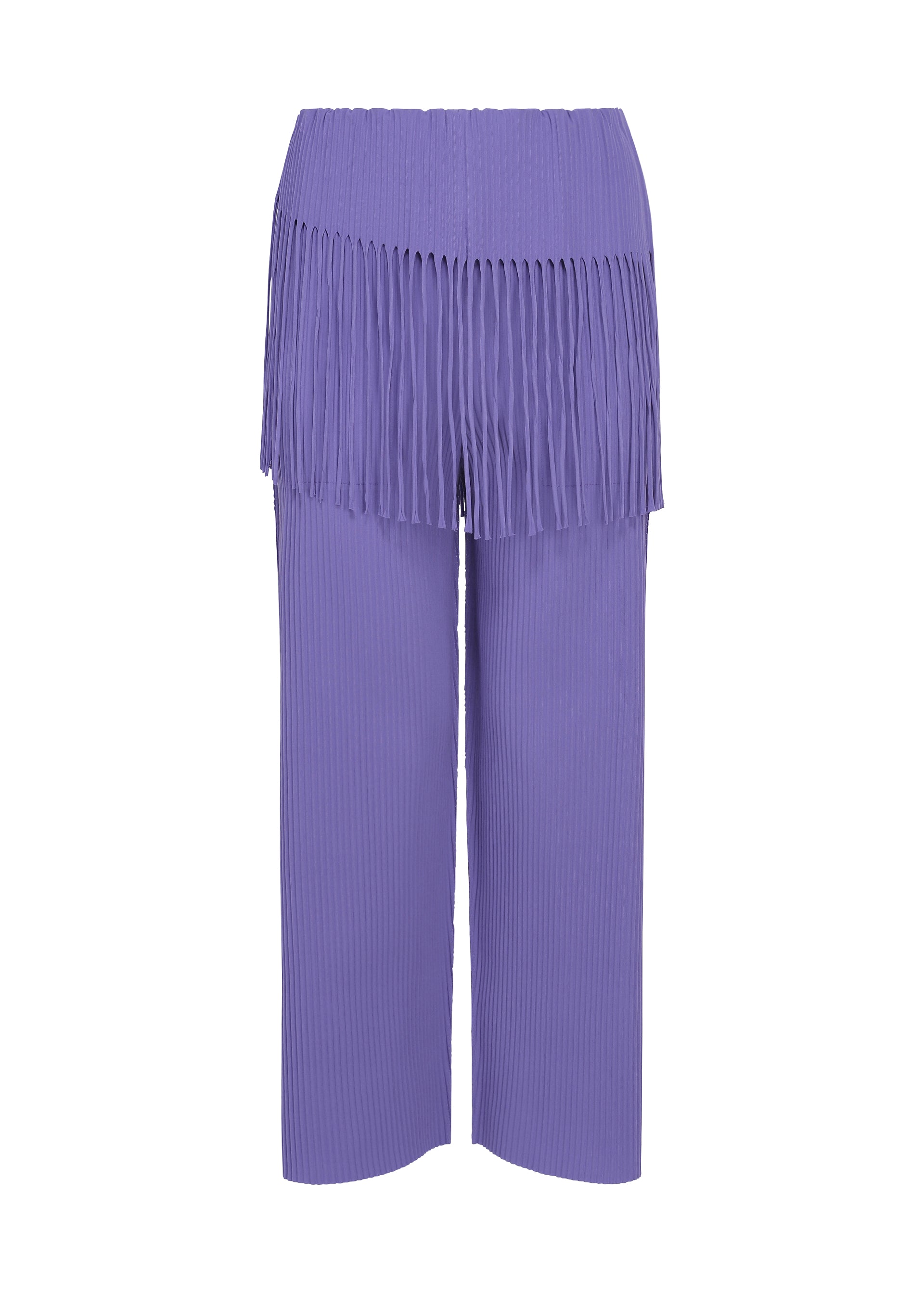 Zoomed view LEAF PLEATS by me ISSEY MIYAKE are lavender wide-leg pants crafted from finely ribbed knit fabric, featuring pleats and a distinctive fringe detail around the hips for an effortlessly chic look. These lightweight pants feel soft against the skin and are photographed against a plain white background. - PURPLE （no.81）