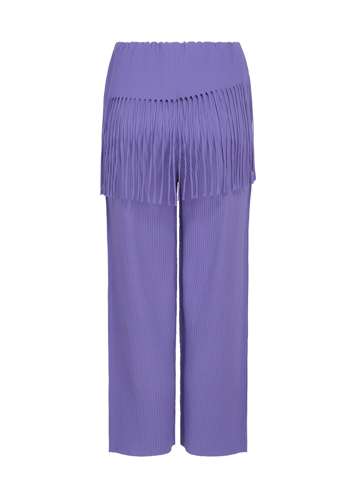 Introducing the LEAF PLEATS pants by me ISSEY MIYAKE: lavender high-waisted knit pants crafted from a textured, ribbed fabric with fine pleated details. Featuring an extra layer of pleated fringe around the hips, these pants offer a loose, comfortable fit for lightweight and softly stylish wear. view 4 of 6