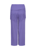 Introducing the LEAF PLEATS pants by me ISSEY MIYAKE: lavender high-waisted knit pants crafted from a textured, ribbed fabric with fine pleated details. Featuring an extra layer of pleated fringe around the hips, these pants offer a loose, comfortable fit for lightweight and softly stylish wear.