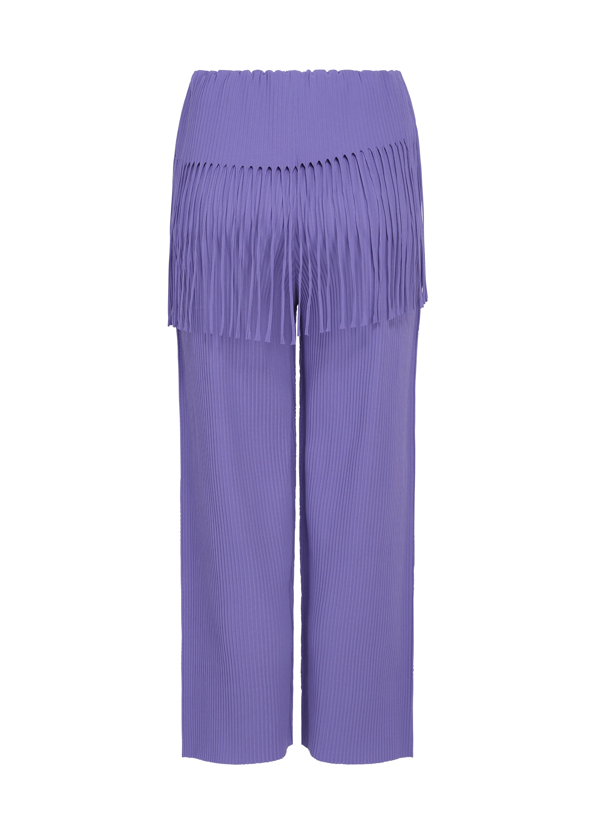 Zoomed view Introducing the LEAF PLEATS pants by me ISSEY MIYAKE: lavender high-waisted knit pants crafted from a textured, ribbed fabric with fine pleated details. Featuring an extra layer of pleated fringe around the hips, these pants offer a loose, comfortable fit for lightweight and softly stylish wear.