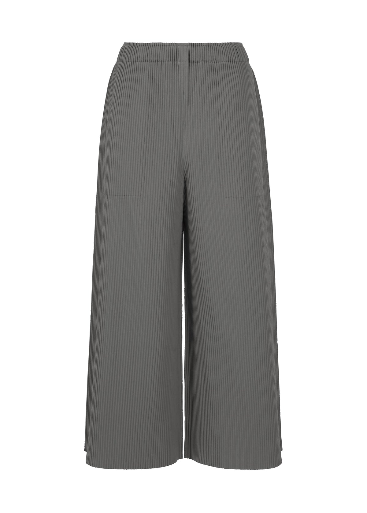 FINE KNIT PLEATS COLOR 2 by me ISSEY MIYAKE features wide-leg, cropped gray pants with an elastic waistband, crafted from a soft fine knit material with pleated detailing, shown against a white background. view 1 of 7