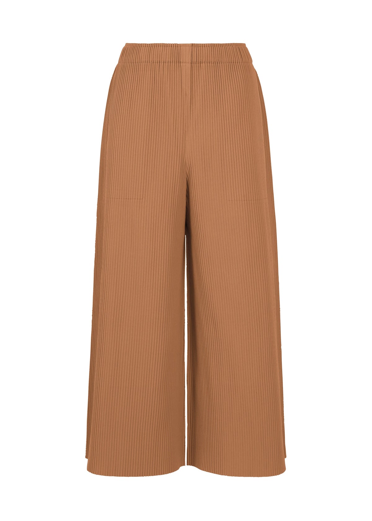 The FINE KNIT PLEATS COLOR 2 pants by me ISSEY MIYAKE are wide-leg, high-waisted trousers in a light brown shade, made from finely pleated knit fabric and featuring two front patch pockets, shown against a white background. view 3 of 7