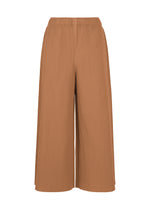 The FINE KNIT PLEATS COLOR 2 pants by me ISSEY MIYAKE are wide-leg, high-waisted trousers in a light brown shade, made from finely pleated knit fabric and featuring two front patch pockets, shown against a white background. - BROWN （no.44）