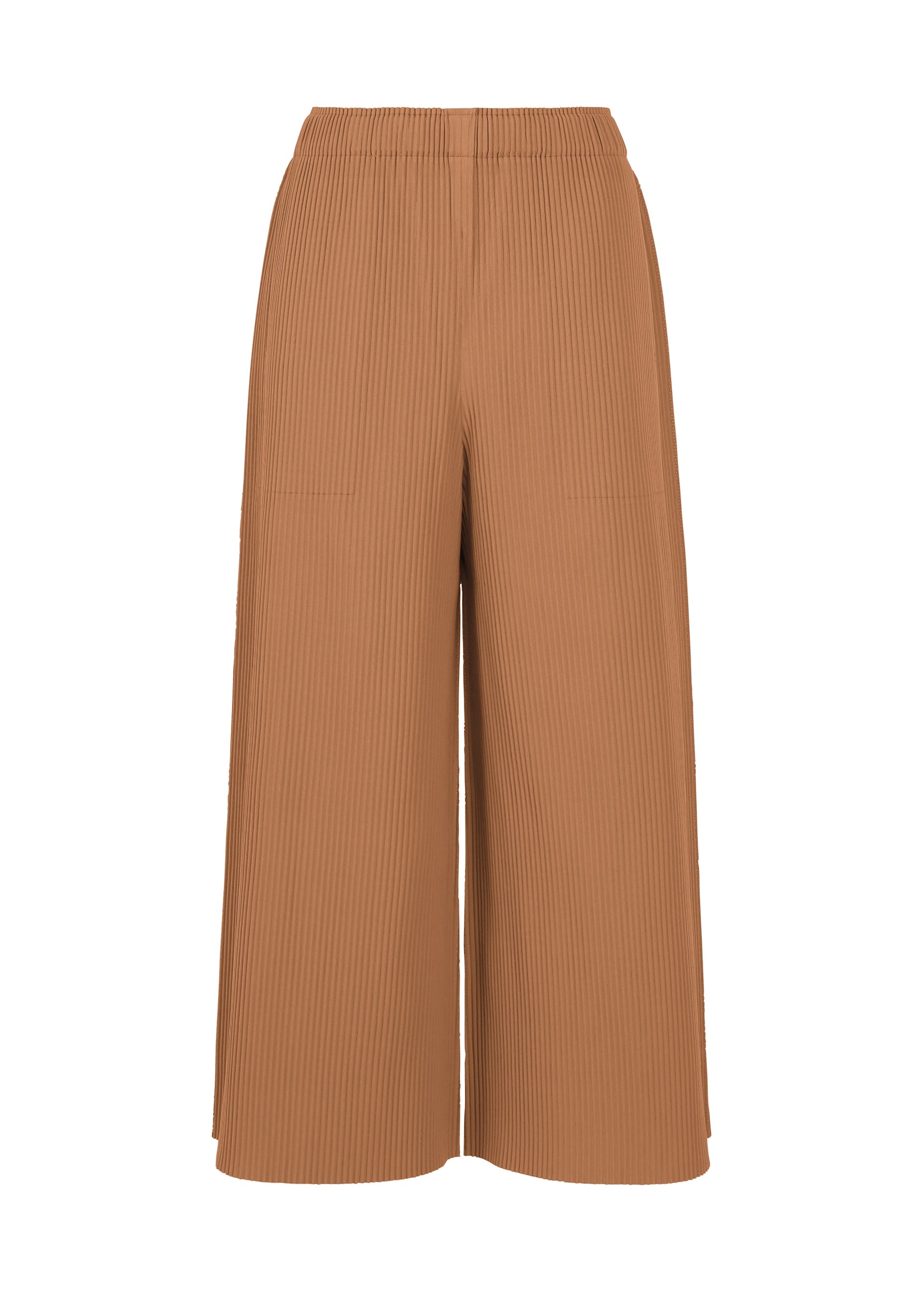 Zoomed view The FINE KNIT PLEATS COLOR 2 pants by me ISSEY MIYAKE are wide-leg, high-waisted trousers in a light brown shade, made from finely pleated knit fabric and featuring two front patch pockets, shown against a white background. - BROWN （no.44）