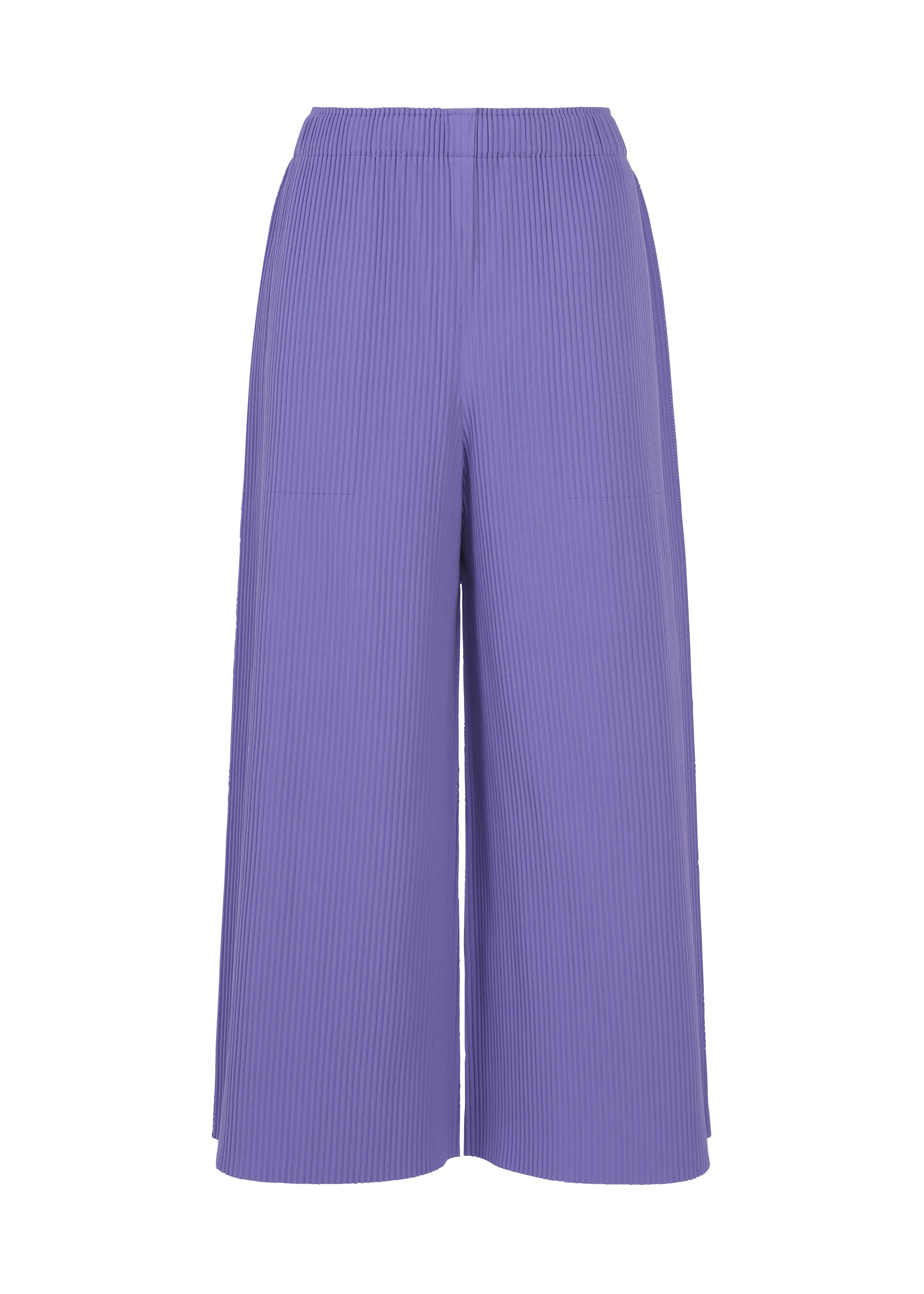 Zoomed view The FINE KNIT PLEATS COLOR 2 pants by me ISSEY MIYAKE are high-waisted, wide-leg lavender trousers made from a finely knit fabric with a pleated texture, cropped at the ankles and displayed against a white background. - PURPLE （no.81）