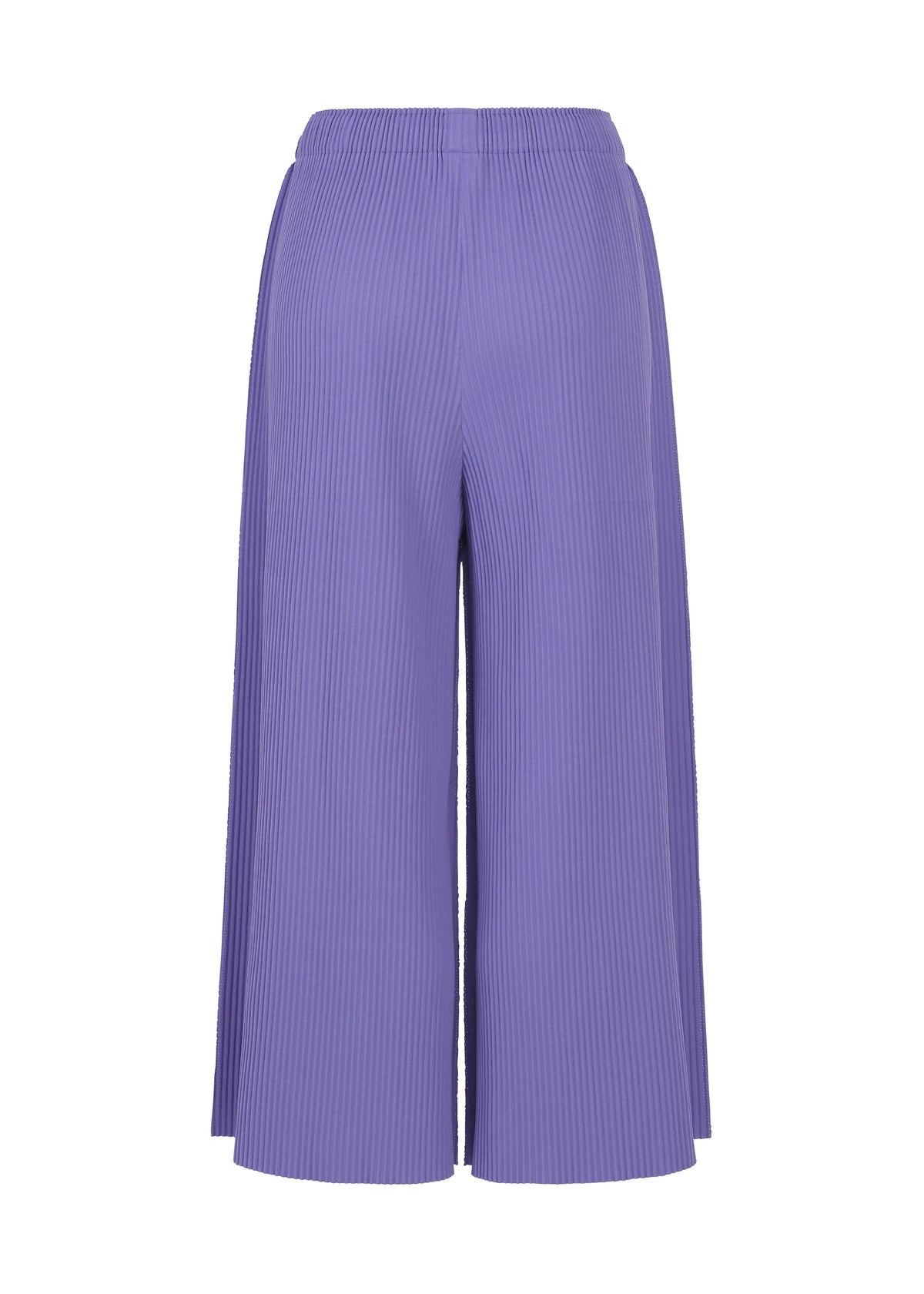 The FINE KNIT PLEATS COLOR 2 pants by me ISSEY MIYAKE are wide-leg, ankle-length trousers in light purple, crafted from a finely knit material with pleated texture. They feature an elastic waistband and offer an airy, relaxed fit. view 5 of 7