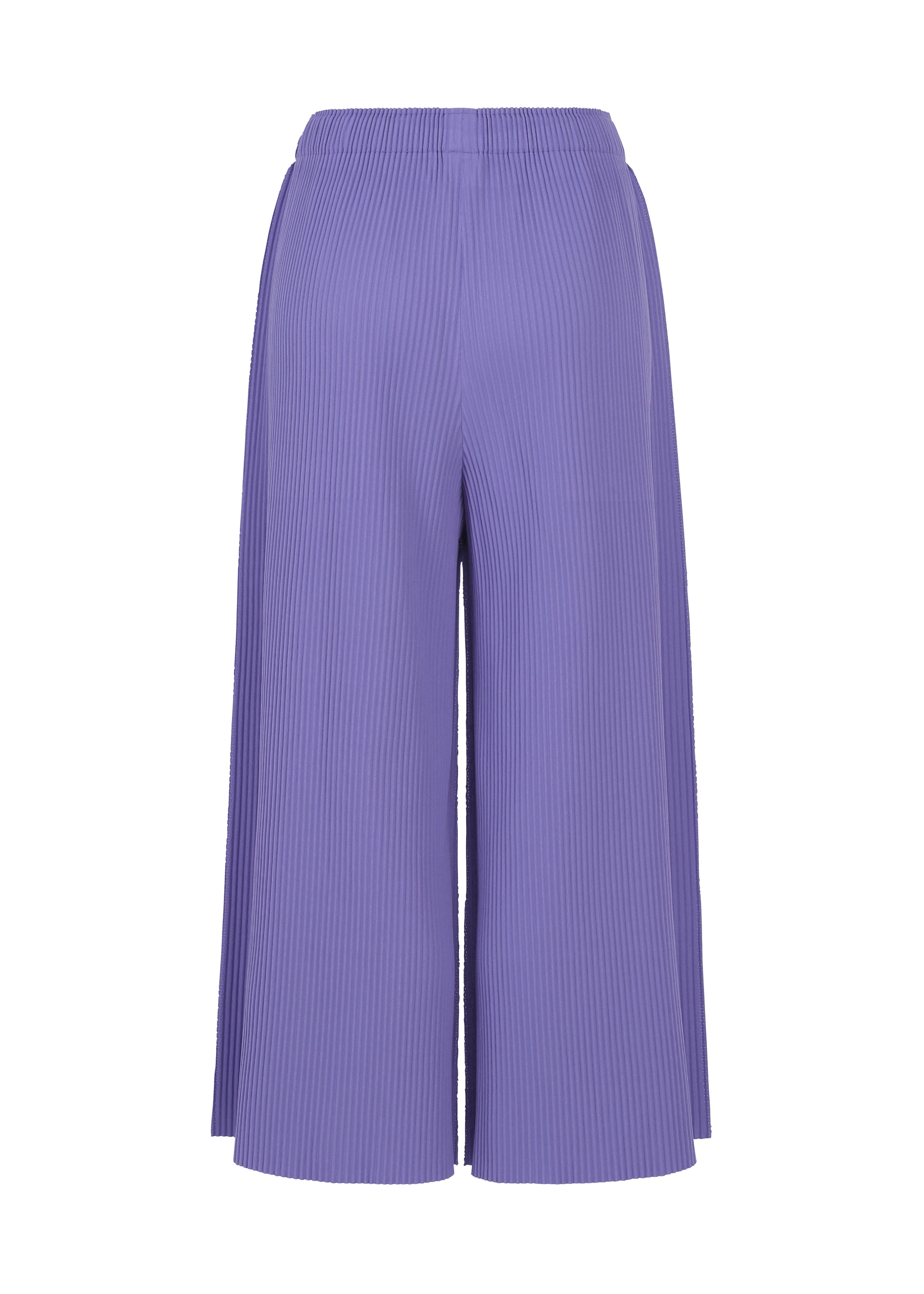 Zoomed view The FINE KNIT PLEATS COLOR 2 pants by me ISSEY MIYAKE are wide-leg, ankle-length trousers in light purple, crafted from a finely knit material with pleated texture. They feature an elastic waistband and offer an airy, relaxed fit.