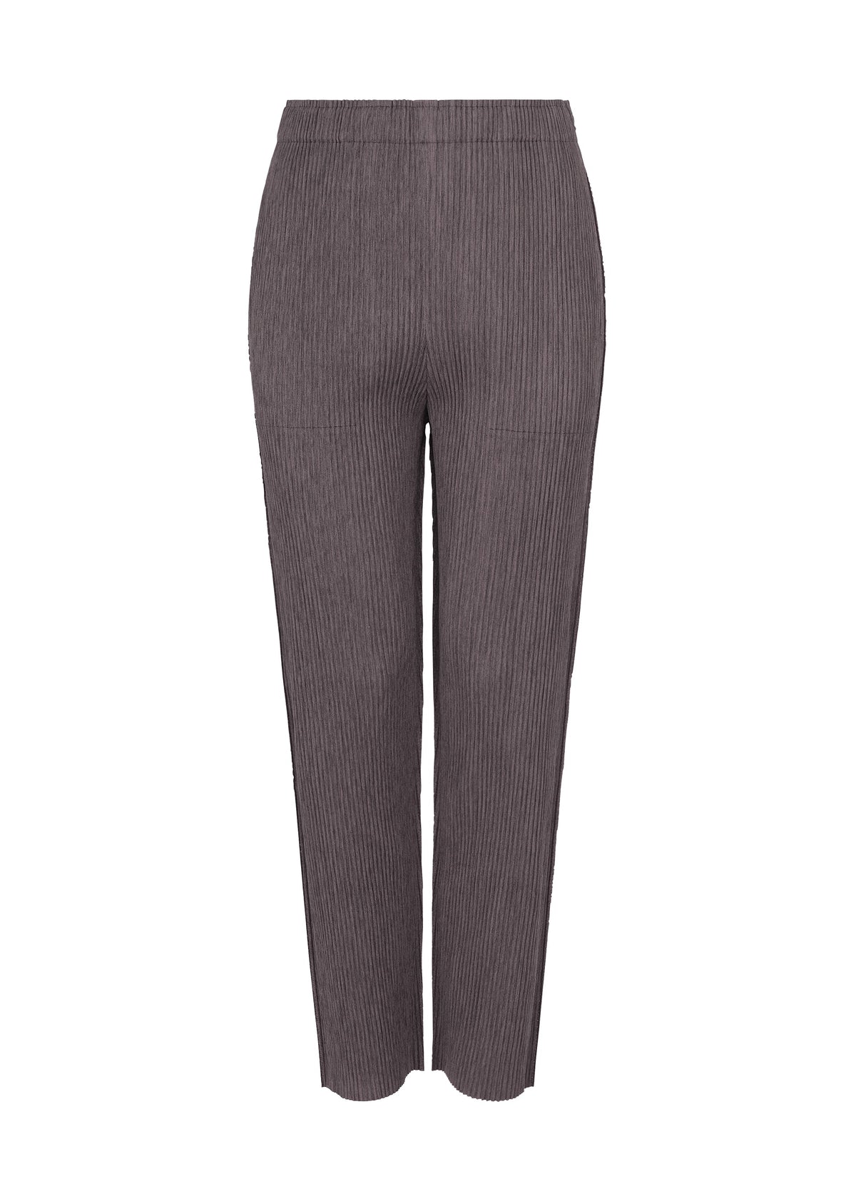 Zoomed view The MIX FINE KNIT PLEATS BOTTOM by me ISSEY MIYAKE features a straight-leg cut, elastic waistband, and subtle melange texture, shown on a plain white background. - TAUPE-HUED （no.18）